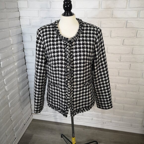 Denver Hayes Jackets & Blazers - Denver Hayes Ladies Size XL Black & White Checkered Lined Fringed Blazer
